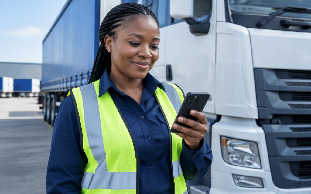 African truck driver checking her trip information on her phone beside her truck