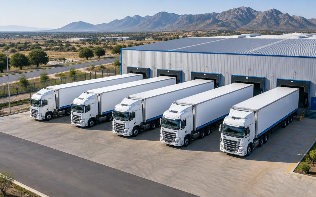 Cargo trucks at a Southern African logistics depot